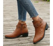 Autumn and Winter Women's Short Boots PU Leather Short Boots Side Zip Chunky Heel Rivet Women's Short Boots
