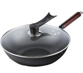 Durable Hand-forged Cast Iron Pan Thickened Non-coated Iron Wok Non-stick with Lid Kitchen Tools for Gas Induction Cooker