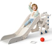 niños pequeños, tobogán pequeño con Forma de Dinosaurio con Marco de Bola, aro, Equipo de Juegos con tobogán para niños, tobogán para bebés de 1 a 3 años (Dinosaurio-Beige Gris)