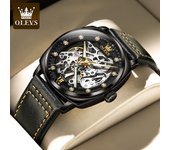 OLEVS Men's Watches Top Brand Hollow Out Automatic Mechanical Wristwatch Waterproof Luminous Leather Strap Watch for Man Fashion