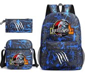 Jurassic World Three-Piece Schoolbag Casual Backpack Male And Female Student Backpack Printed Large Capacity Outdoor Backpack Blue flower~1