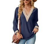 Tops de mujer para otoño e invierno nuevos paneles de encaje Camiseta de manga larga suelta con cuello en V
