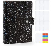11Pcs A6 Budget Binder PVC 6 Ring Refillable Cover with 9 Pockets/1 Card / 1 Label (Black Stars)
