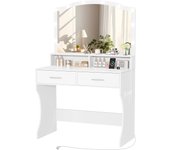 Tocador con Iluminación LED Regulable, 3 Modos, Tocador de Maquillaje con Espejo, Tocador de Maquillaje Cosmético con 2 Cajones y Enchufes, Vanity de Maquillaje, para Dormitorio, Blanco