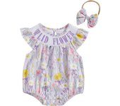 Pudcoco Infant Baby Girl Summer Romper Fly Sleeve Round Neck Floral Print Smocked Bodysuit Newborn Playsuit