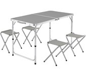 Mesa Plegable de Camping y 4 taburetes,Mesa Malentín con Asa para Playa,Mesa Picnic de Aluminio y loneta Gris,Regulable en 3 Niveles de Altura,de 60x120x70 cm