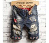 Men's Knitted Shorts with Holes, Straight Jeans Retro, Knee Length, Size 40, Summer, High Quality