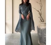 Fashion Satin Solid Robe Ladies Temperament O-neck Slim Evening Elegant Batwing Sleeves High Waist Pleats Long Dress