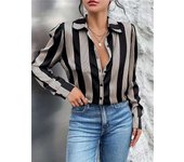 Black Striped Printed Long-sleeved For Women Fashion Lapel Button-down Shirt Temperament Office Cardigan