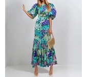 Elegant dress with blue floral print, camping sleeves and fish tail on ankles, 2023 countryside style elegant party dress, round