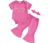 Pudcoco Baby Girls 1st Birthday Clothes Short Sleeve Letter Print Romper with Solid Flare Pants and Bow Headband