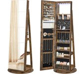 Espejo Joyero con 6 LEDs, Armario de Joyas de Giro de 360°, Organizador de Joyería Giratorio, sin Marco, Espejo Completo, 3 Estantes, Superficie Blanco, Forro Greige JJC007W02