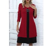 Women's One Piece Color Blocked Round Neck Lady Long Sleeved Button Up Autumn Casual Elegant Dress