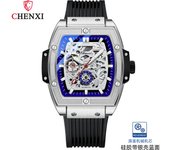 Cubo de vino cuadrado reloj mecánico automático calado fondo traslúcido banda de silicona resistente al agua reloj de hombre luminoso