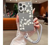 Leather Texture Soft TPU Lanyard Case For iPhone 16 15 Pro Max 14 Plus 13 12 Pro Max 11 White Flowers Printed Rope Phone Cover