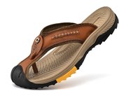 Men Sandals Genuine Leather Protective Toe Flip Flops Lightweight Comfortable Non-Slip Sandals Brown
