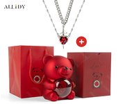 Luxury Hot Red Zircon Heart & Dagger Pendant Double Couple Necklace Set with Real Preserved Rose & Teddy Bear – Romantic Jewelry Gift for Mother’s Day, Valentine’s Day, Birthday & Anniversary