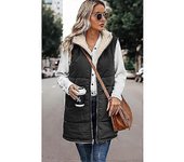 Women Long Puffer Vest, Zip up Reversible Fleece Sleeveless Hooded Jacket