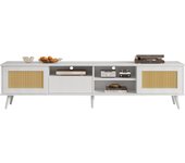 White rattan TV stand, dimensions 200x40x49 cm, suitable for 90-inch TV, with 2 rattan doors, 1 drawer and 3 open compartments - Robust construction, 50 kg load capacity, TV cabinet