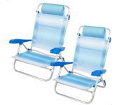 Pack de 2 sillas de playa plegables, con respaldo reclinable 7 posiciones, convertibles en tumbona, tamaño 47x49x82 cm, de aluminio y textileno, con cojín acolchado y asas de mano para transportar