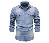 Camisa vaquera sin planchar camisa de manga larga para hombre de color sólido casual sin planchar