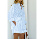 Conjunto de pantalones cortos informales a rayas Jacquard, camisa de manga farol con solapa acogedora, pantalones cortos de cint
