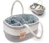 Organizador Pañales Bebé, Cesta Bebe Grande de Cuerda de Algodón para Pañales y Cosas de Bebe con 5 Compartimentos y 8 Bolsillos