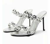 Chic Sier High Heeled Pumps For Women Summer Crystal Slingbacks Heels 2024 Round Toe Stiletto Sandals Shine Party Shoes