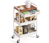Carro Cocina de 3 Niveles, Carrito Auxiliar con Ruedas, Carrito verdulero con Asa y cajones, Carrito baño Carrito peluqueria con Tapa de Madera, Blanco