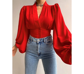 Blusa de satén para mujer, camisa roja de manga larga con botones, cuello en V, elegante, Vintage, Primavera, 2025