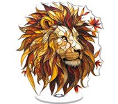 Rotating acrylic sculpture of a regal lion with vibrant colors golden mane scarlet lilies and sunburst patterns against a bright white background