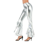Women Shiny Flare Trousers Laser Metallic Wetlook Ruffle Wide Leg Pants Retro 70s Disco Hippie Club Trousers Skinny Bell Bottoms
