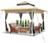 Carpa Plegable Gazebo 3.6x3.6m con Laterales de Malla, Cenador Pabellón Pop Up de Jardín Techo Doble y Bolsas de Arena, Protección UV, para Camping, Fiestas, Exterior, Beige