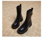 Invierno de las mujeres de cuero Botas cortas de cabeza redonda Chunky Heel Thick Bottom Zip Ankle Boots