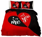Juego De Funda Nórdica De 3 Piezas, Juego De Cama Con Patrón De Corazón Negro Y Rojo, Funda Nórdica Suave Para