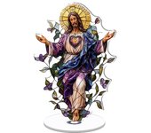 Rotating acrylic sculpture of the Sacred Heart of Jesus in stained glass colors with a golden aureole and floral details on a pure white background