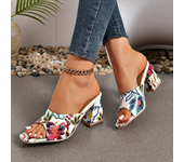 Women's Flower Pattern Block Heeled Sandals Square Toe Dress Pumps Stylish Slip On Heels