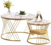 Modern Nesting Coffee Table, High Gloss Coffee Table Set,Marble Veneer Sofa Side Nest of Tables Round End Tables, Set of 2, Golden Color Frame