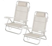Pack de 2 sillas de playa plegables, con respaldo reclinable 7 posiciones, convertibles en tumbona, tamaño 47x49x82 cm, de aluminio y textileno, con cojín acolchado y asas de mano para transportar