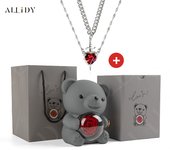 Luxury Hot Red Zircon Heart & Dagger Pendant Double Couple Necklace Set with Real Preserved Rose & Teddy Bear – Romantic Jewelry Gift for Mother’s Day, Valentine’s Day, Birthday & Anniversary