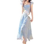 French square collar flying sleeves blue embroidered dress women's 2025 summer new super fairy vacation style slim dress