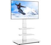 Soporte Suelo TV para Pantallas de 32 a 70 Pulgadas, Soporte TV Pie Altura Ajustable con Giratorio hasta 50 kg, con Base de Cristal Templado Blanco, VESA Máx 600x400 mm