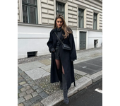 Elegant black long women's double button lapel coat with belt, autumn and winter coat