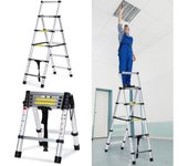 5M (2.5+2.5) Escalera Telescópica, Escalera Multipropósito Antideslizante Escaleras Telescópicas Portátiles de Aluminio Carga Máxima 150 kg (Negro)