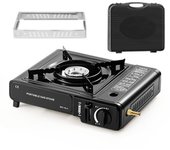 Hornillo de gas portátil, Estufa de cassette portátil, compacto de camping con maletín de transporte, cocina de exterior ajustable continuamente con encendido piezoeléctrico automático, Estufa cassette de doble uso ESTUFA DE GAS PORTÁTIL