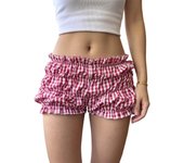 Plaid Checkered Ruffle Mini Shorts Micro Length Bloomer Shorts Women High Waisted Pumpkin Lantern Shorts Cottage Y2k Streetwear