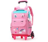 Niñas, bolsa de lona con ruedas, mochila trolley, bolsa de lona ligera para mujeres, estampado de dibujos animados, mochila para niños