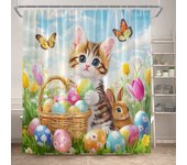 Funny Easter Shower Curtains Cute Cat Rabbit Eggs Butterfly Tulip Flowers Rustic Fabric Home Bathroom Curtain Decor With Hooks