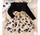 Casual Long Sleeve Velvet Dress Flying Sleeves and Ribbons for Girls, Flower Flocked Mesh Princess Dress, Christmas Party Gift