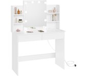 Tocador Maquillaje con Luz y Espejo, LED Ajustable, Mesa Tocador con Regleta de Enchufes, 2 Cajones y 4 Estantes, Tocador Blanco, 90x40x135 cm